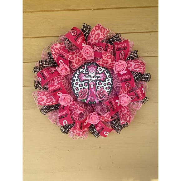 Handmade Breast Cancer Awareness Wreath - Faith Hope Cure - Pink Ribbon Decor - Picture 1 of 10